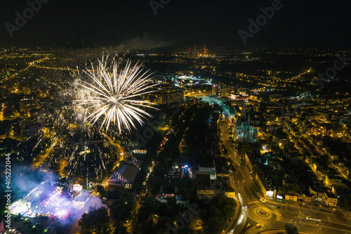 Many fireworks new year celebration in the city. New year, fete, picnic fireworks show. Dabrowa gornicza, silesia poland aerial drone view