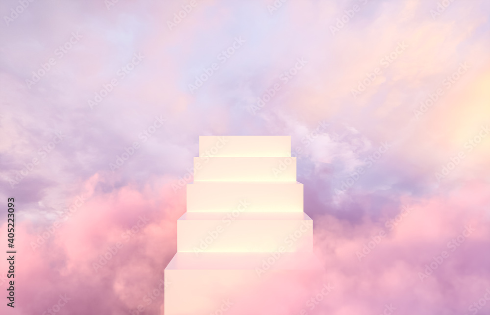 Natural beauty podium backdrop for product display with dreamy sky background. Romantic 3d scene. - obrazy, fototapety, plakaty 