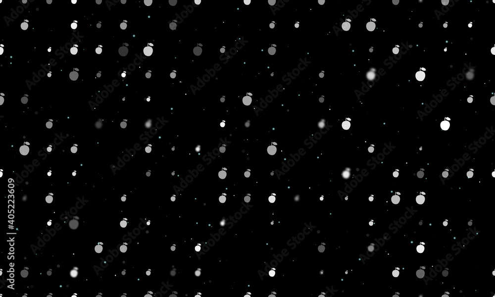 Seamless background pattern of evenly spaced white apple symbols of different sizes and opacity. Vector illustration on black background with stars
