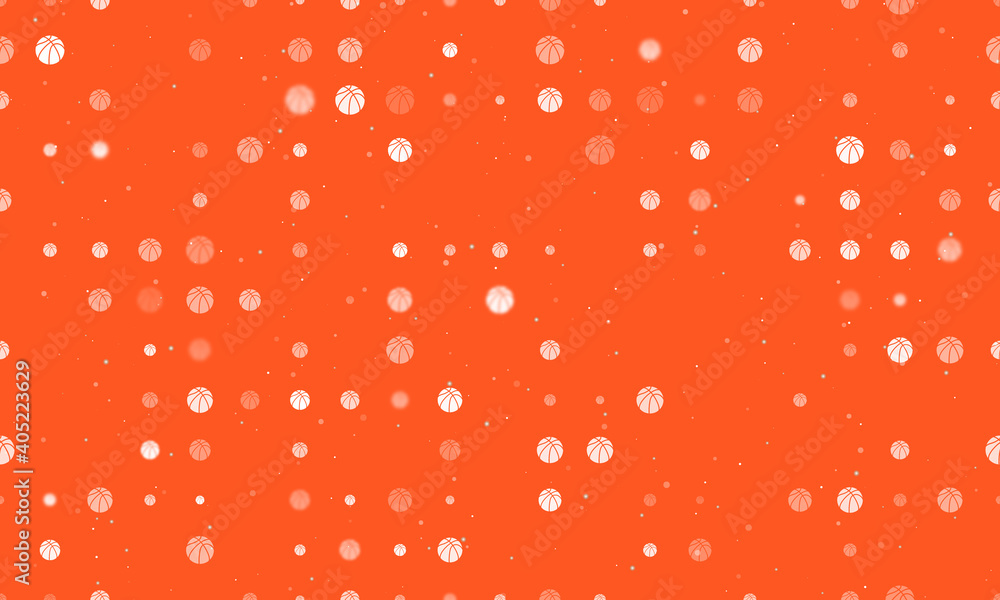 Seamless background pattern of evenly spaced white basketball symbols of different sizes and opacity. Vector illustration on deep orange background with stars Seamless background pattern of evenly spaced white basketball symbols of different sizes and opacity. Vector illustration on deep orange background with stars