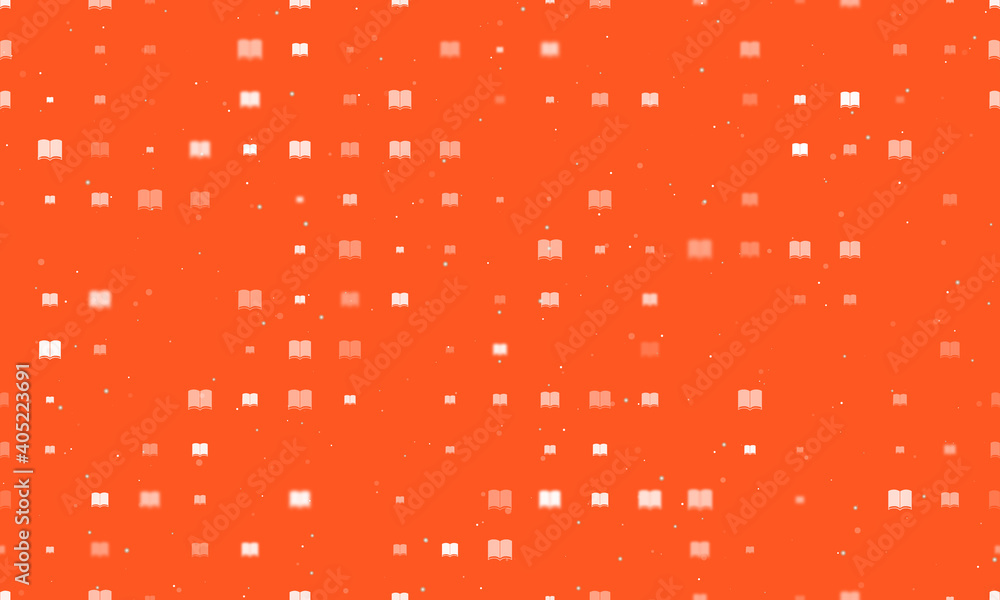 Seamless background pattern of evenly spaced white book symbols of different sizes and opacity. Vector illustration on deep orange background with stars Seamless background pattern of evenly spaced white book symbols of different sizes and opacity. Vector illustration on deep orange background with stars