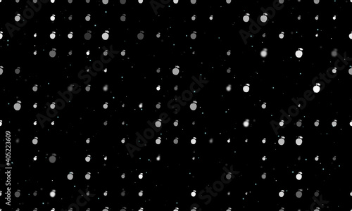 Seamless background pattern of evenly spaced white apple symbols of different sizes and opacity. Vector illustration on black background with stars