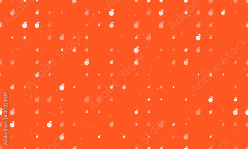 Seamless background pattern of evenly spaced white apple symbols of different sizes and opacity. Vector illustration on deep orange background with stars
