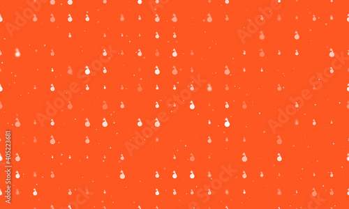 Seamless background pattern of evenly spaced white bomb symbols of different sizes and opacity. Vector illustration on deep orange background with stars