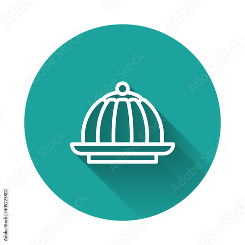 White line Pudding custard with caramel glaze icon isolated with long shadow background. Green circle button. Vector.