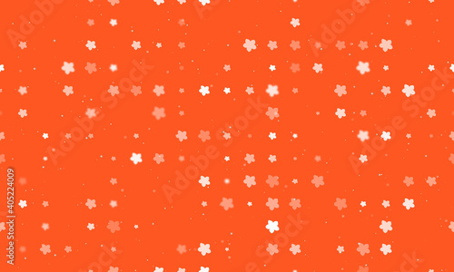 Seamless background pattern of evenly spaced white forget-me-not flowers of different sizes and opacity. Vector illustration on deep orange background with stars