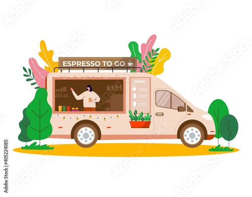 Street Food Festival, people buying takeaway coffee in truck, vehicle. Mobile coffee shop, cafe on wheels with barista in city park, vector concept banner