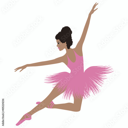Ballerina. African girl dancing in a pink ballet tutu - vector. Active lifestyle.