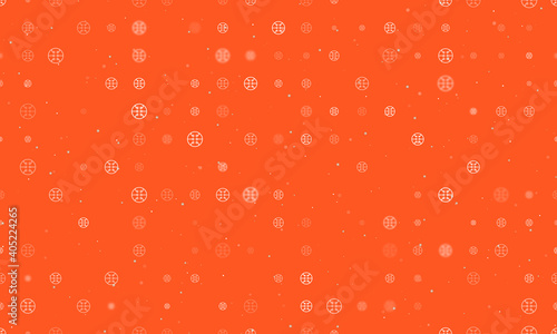 Seamless background pattern of evenly spaced white microcircuit symbols of different sizes and opacity. Vector illustration on deep orange background with stars