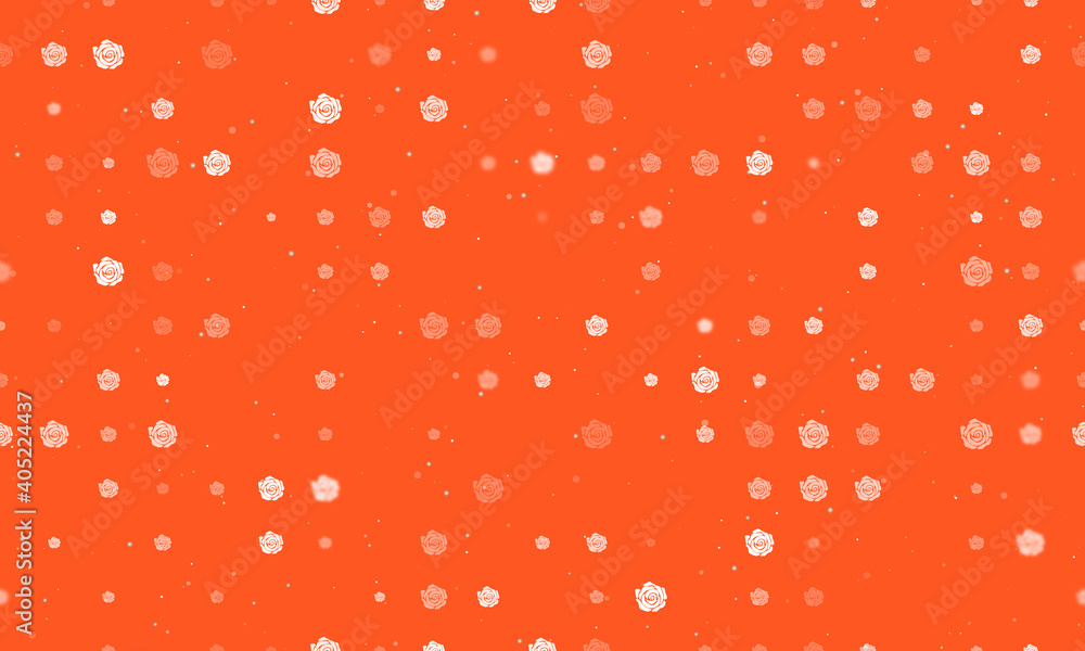 Seamless background pattern of evenly spaced white roses of different sizes and opacity. Vector illustration on deep orange background with stars