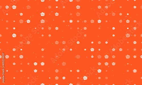 Seamless background pattern of evenly spaced white roses of different sizes and opacity. Vector illustration on deep orange background with stars
