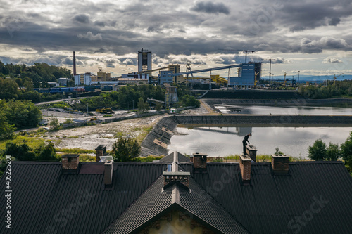 Coal mine in Poland. Mine janina in Libiaz. Industrial abstract sendimentation tank of mine in Poland. Industrial lake Aerial drone photo view