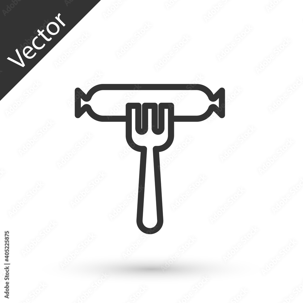 Grey line Sausage on the fork icon isolated on white background. Grilled sausage and aroma sign. Vector. Grey line Sausage on the fork icon isolated on white background. Grilled sausage and aroma sign. Vector.