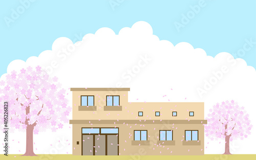 満開の桜とグループホームの背景素材