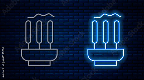 Glowing neon line Burning aromatic incense sticks icon isolated on brick wall background. Vector.