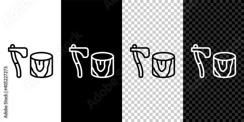 Set line Wooden axe in stump icon isolated on black and white,transparent background. Lumberjack axe. Axe stuck in wood. Chopping wood. Vector.