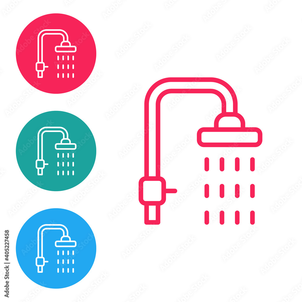 Red line Shower head with water drops flowing icon isolated on white background. Set icons in circle buttons. Vector. Red line Shower head with water drops flowing icon isolated on white background. Set icons in circle buttons. Vector.