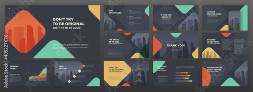 Business powerpoint presentation templates set. Use for modern keynote presentation background, brochure design, website slider, landing page, annual report, company profile, social media banner.