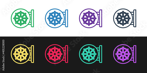 Set line Dharma wheel icon isolated on black and white background. Buddhism religion sign. Dharmachakra symbol. Vector.