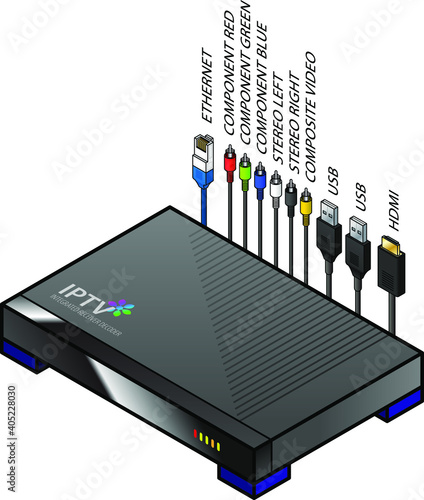 An IP TV set top box or integrated receiver decoder with cables and connectors. Text labels.