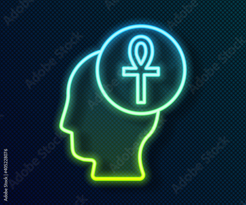 Glowing neon line Cross ankh icon isolated on black background. Vector.