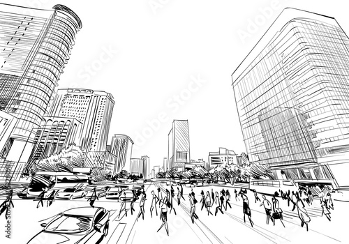 Seoul. The Republic of Korea. Hand drawn city sketch. Vector illustration.