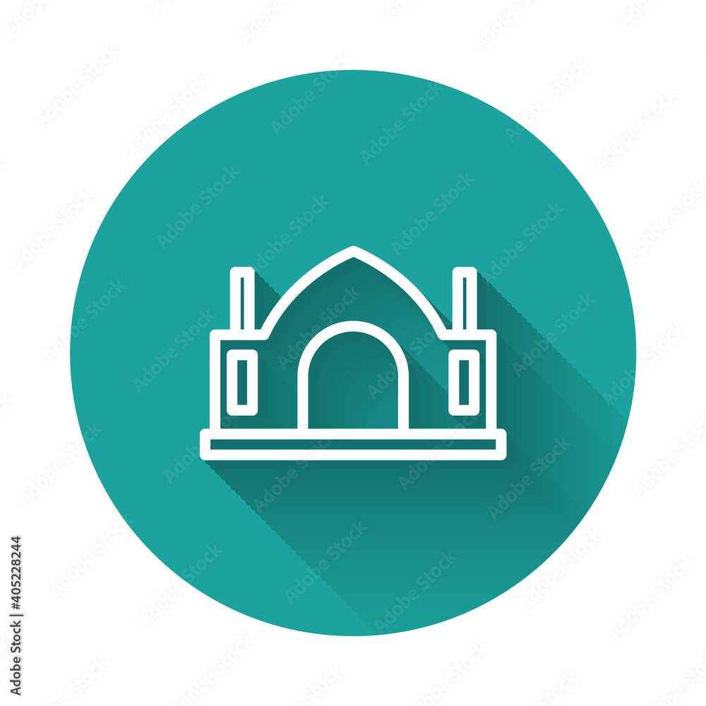 White line Hindu spiritual temple icon isolated with long shadow background. Green circle button. Vector. White line Hindu spiritual temple icon isolated with long shadow background. Green circle button. Vector.