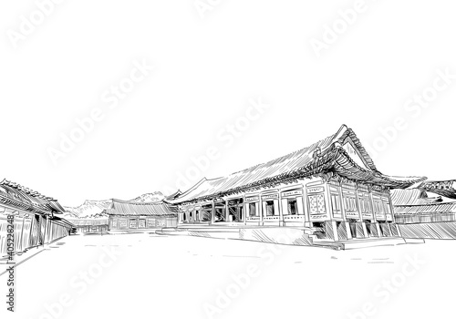 Gyeongbokgung. Gyotaejeon. Seoul. The Republic of Korea. Hand drawn city sketch. Vector illustration.