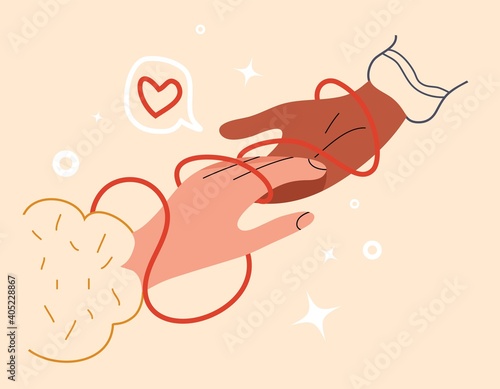 Multinational hand of couple touch each other. Red string of fate or faith destiny. Concept of a promise to be married. Eternal love thread for Valentine Day of soulmate. Vector stock illustration.