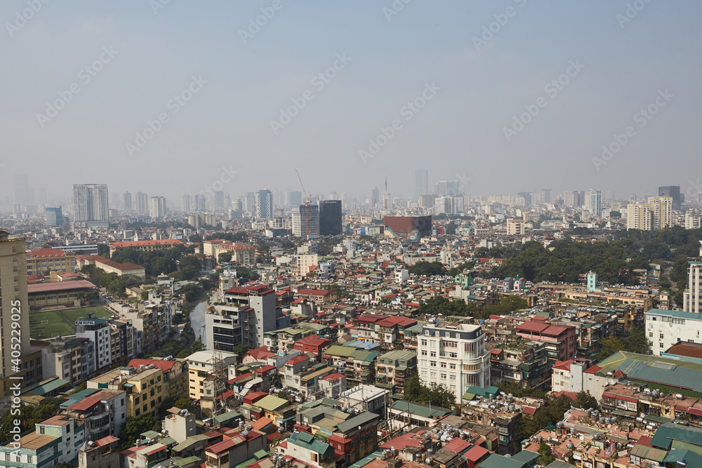 Hanoi, Vietnam - January 28, 2019: Bird eye view of Hanoi in smog day