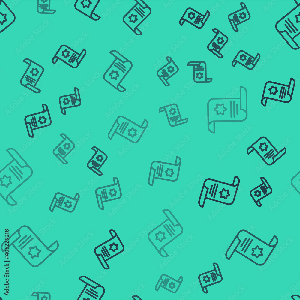 Black line Torah scroll icon isolated seamless pattern on green background. Jewish Torah in expanded form. Star of David symbol. Old parchment scroll. Vector. Black line Torah scroll icon isolated seamless pattern on green background. Jewish Torah in expanded form. Star of David symbol. Old parchment scroll. Vector.