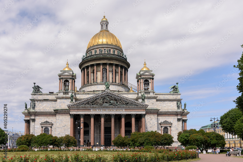 St. Petersburg, Russia - June 28, 2020: Panoramic view of St. Isaac's Cathedral under cloud sky