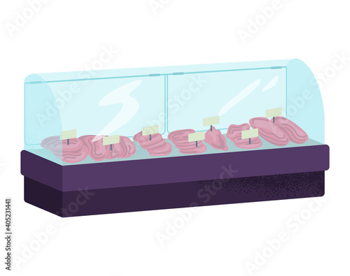 Market wooden shelf organic meat foodstuff, concept eco free range beef food meal, flat vector illustration, isolated on white. Concept showcase farmhouse product, butcher shop display case.