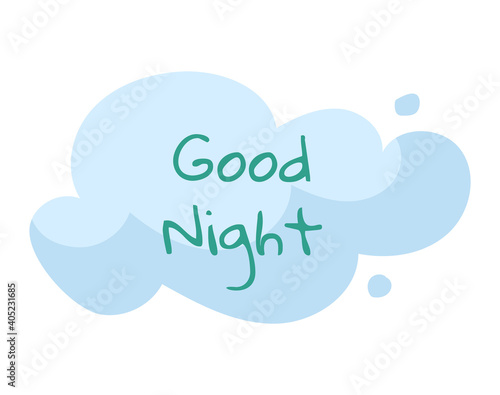 Concept font style green text good night on cloud, wishing nice evening sleep flat vector illustration, typeface isolated on white. Web internet banner, peaceful falling asleep website poster.