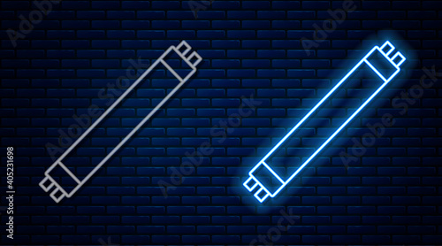 Glowing neon line Long luminescence fluorescent energy saving lamp icon isolated on brick wall background. Vector.