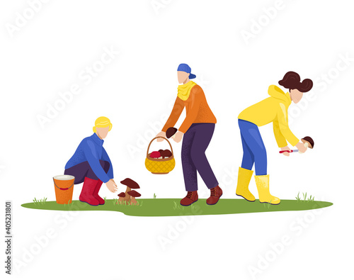 Cheerful people character male and female collect mushroom field, together friend forest picking fungus flat vector illustration, isolated on white. Concept ecology vegetarian foodstuff, outdoor walk.