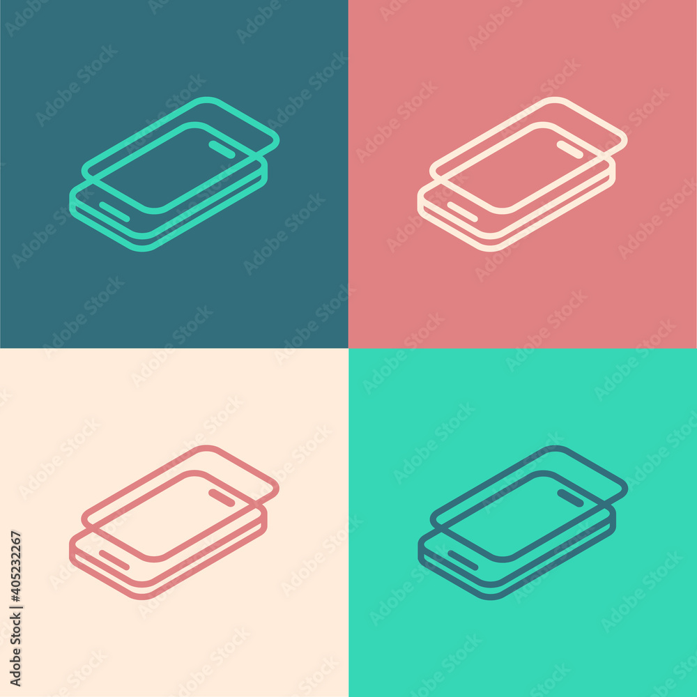 Pop art line Glass screen protector for smartphone icon isolated on color background. Protective film for glass. Transparent soft glass for mobile phone. Vector. Pop art line Glass screen protector for smartphone icon isolated on color background. Protective film for glass. Transparent soft glass for mobile phone. Vector.