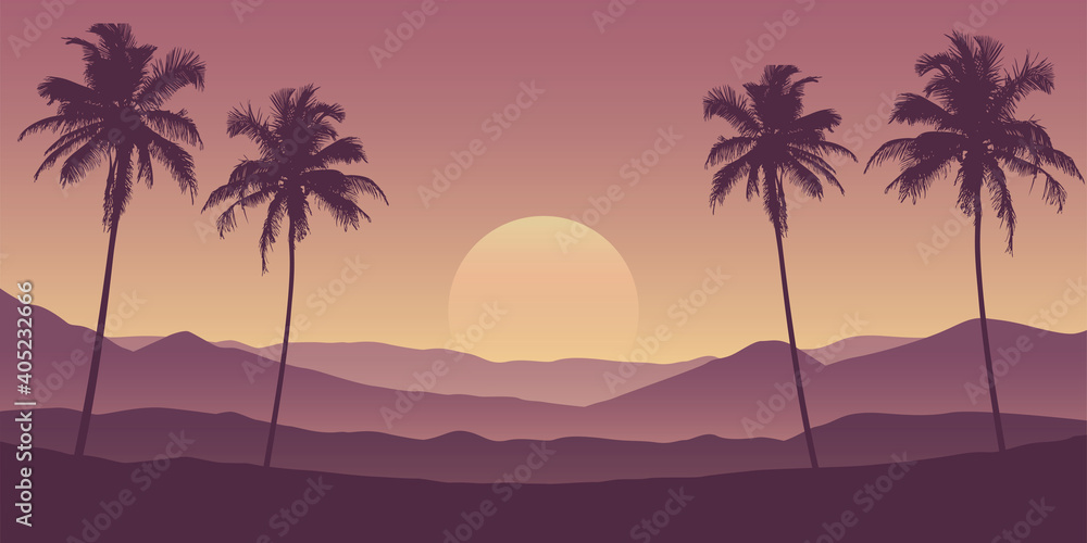 beautiful palm tree silhouette mountain landscape in purple colors vector illustration EPS10