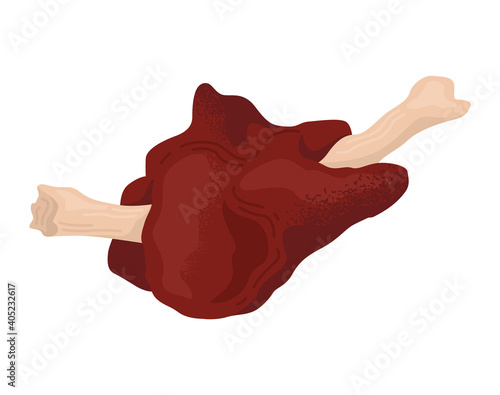 Concept meat on bone, barbecue beef flesh cooked on fire, well done bbq foodstuff flat vector illustration, icon isolated on white. Delicious food prepared coals, meat wild bird wildfowl.