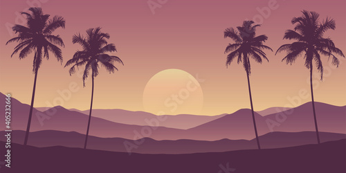 beautiful palm tree silhouette mountain landscape in purple colors vector illustration EPS10 photo