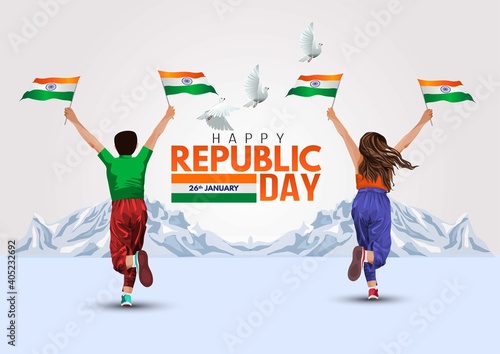 happy republic day India 26th January. a man and girl running with Indian flag. vector illustration design.