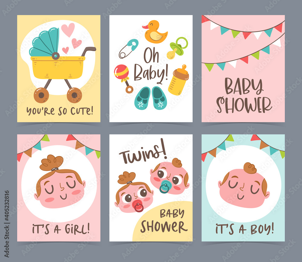 Cute vector hand drawn new born card collection. Baby shower gift cards and invitations. Little boy, little girl and twins. Cute vector hand drawn new born card collection. Baby shower gift cards and invitations. Little boy, little girl and twins.