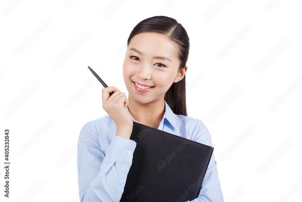 Smiling a young business woman holding file Smiling a young business woman holding file