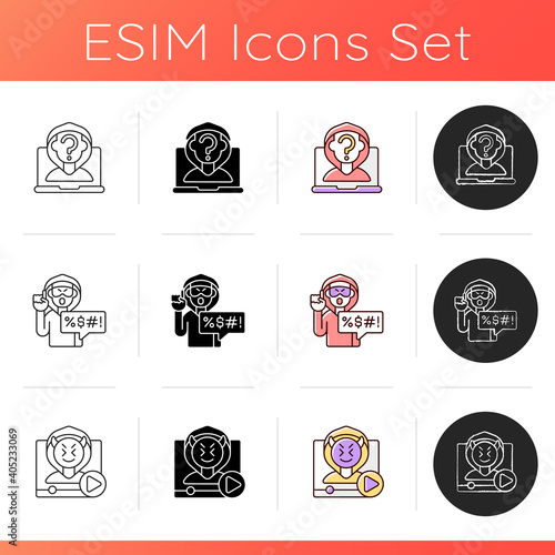 Online hater icons set. Anonymous cyberbullying. Hate speech. Video shaming on social media. Offensive comments, harassment. Linear, black and RGB color styles. Isolated vector illustrations