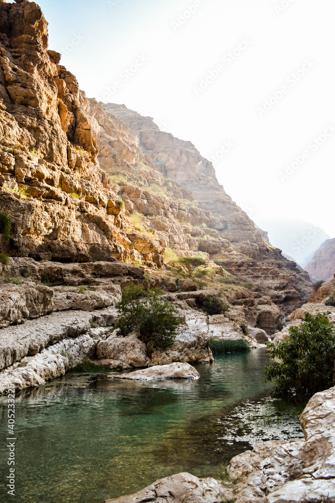 Beautiful canyon with vegetation and a green water lagoon. Wadi Shab, Oman.