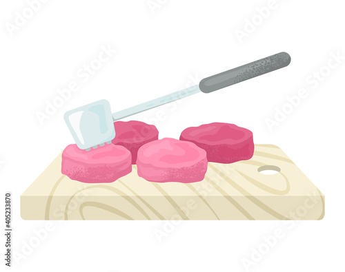Wooden kitchen food board with organic meat stuff, hammer for beef, organic fresh mince slice flat vector illustration, icon isolated on white. Concept metal stuff for prepare barbecue meal.