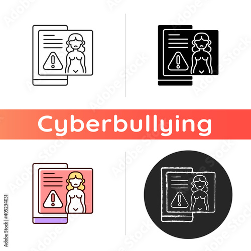 Revenge porn icon. Distribution of sexualy explicit content. Publish naked photos of upset woman without consent. Internet stalking. Linear black and RGB color styles. Isolated vector illustrations
