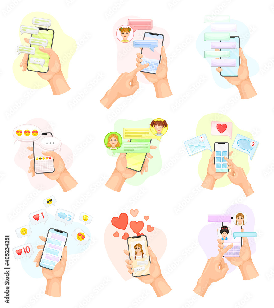 Hand with Smartphone Using Chat Software Text Messaging and Liking Photo Vector Set