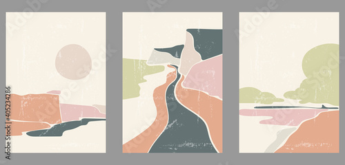 Set of three abstract minimalist hand drawn illustrations for wall decoration, postcard or brochure, cover design, stories, social media, app design. Doodle vintage background with landscape, shapes.