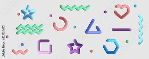 3d shapes. Different Geometric Shapes in 3d design. Liquid geometric shape with color. Background. Vector illustration